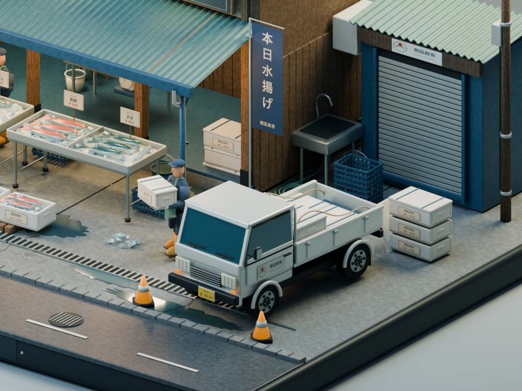 【箱庭コレクション #020 / Blender・GLB】早朝の市場|Morning Market