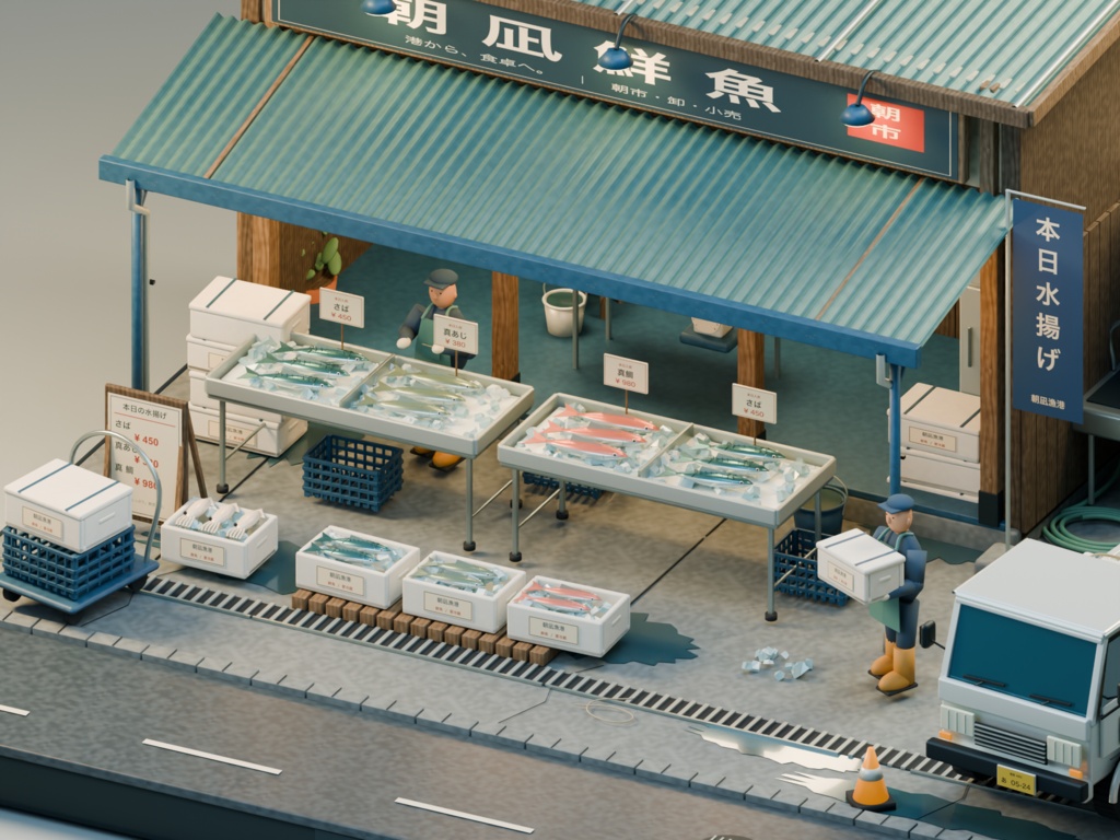 【箱庭コレクション #020 / Blender・GLB】早朝の市場|Morning Market