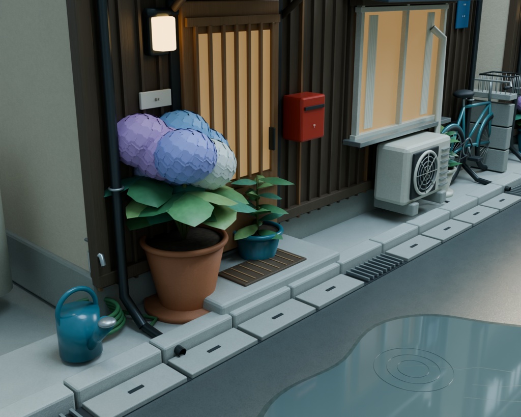 【箱庭コレクション #023 / Blender・GLB】雨上がりの住宅街|After the Rain