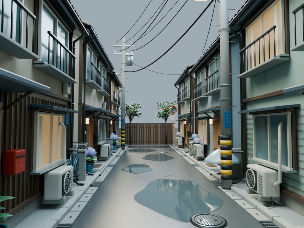 【箱庭コレクション #023 / Blender・GLB】雨上がりの住宅街|After the Rain