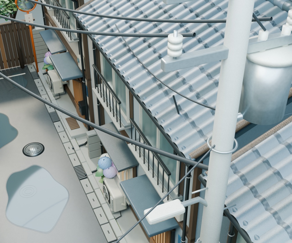 【箱庭コレクション #023 / Blender・GLB】雨上がりの住宅街|After the Rain