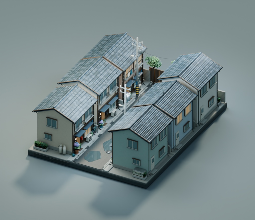 【箱庭コレクション #023 / Blender・GLB】雨上がりの住宅街｜After the Rain
