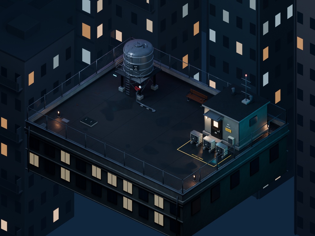 【箱庭コレクション #025 / Blender・GLB】ビル屋上の夜|City Rooftop — After Hours