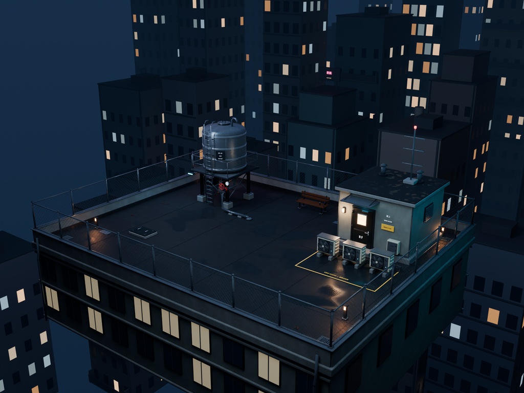 【箱庭コレクション #025 / Blender・GLB】ビル屋上の夜｜City Rooftop — After Hours