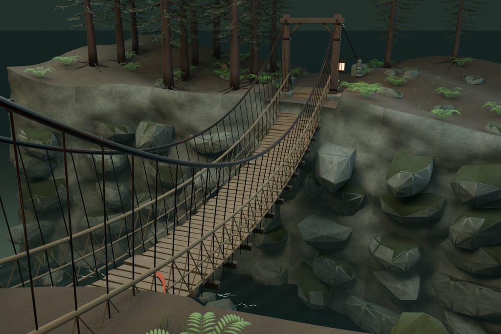 【箱庭コレクション #027 / Blender・GLB】山奥の吊り橋・霧渡橋|Forest Suspension Bridge