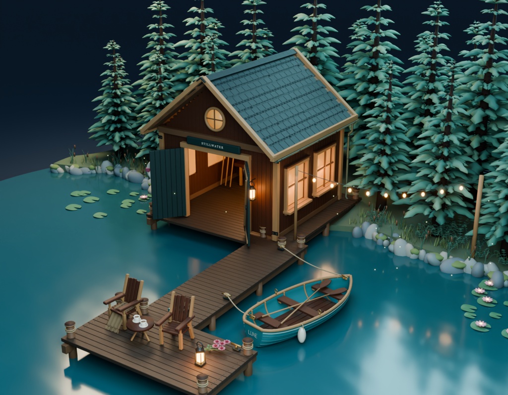 【箱庭コレクション #028 / Blender・GLB】湖畔のボート小屋|Stillwater — Lakeside Boathouse