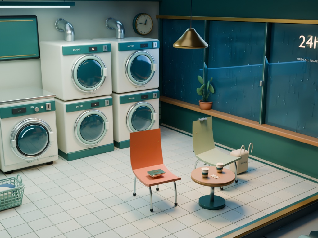 【箱庭コレクション #029 / Blender・GLB】深夜のコインランドリー・つきあかり|Midnight Laundromat