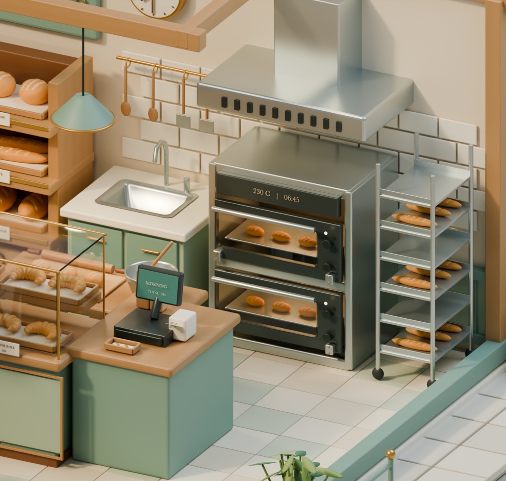 【箱庭コレクション #030 / Blender・GLB】町のパン屋・朝のベーカリー|Morning Bakery