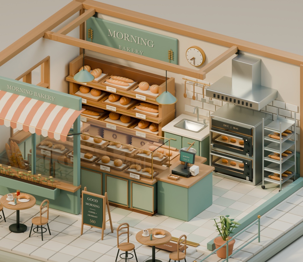 【箱庭コレクション #030 / Blender・GLB】町のパン屋・朝のベーカリー|Morning Bakery