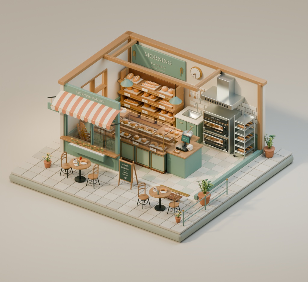 【箱庭コレクション #030 / Blender・GLB】町のパン屋・朝のベーカリー|Morning Bakery