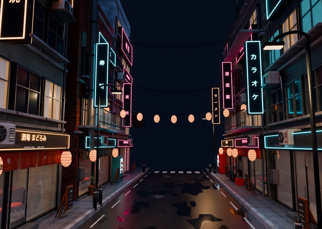 【箱庭コレクション #033 / Blender・GLB】夜の繁華街・宵町|Neon District