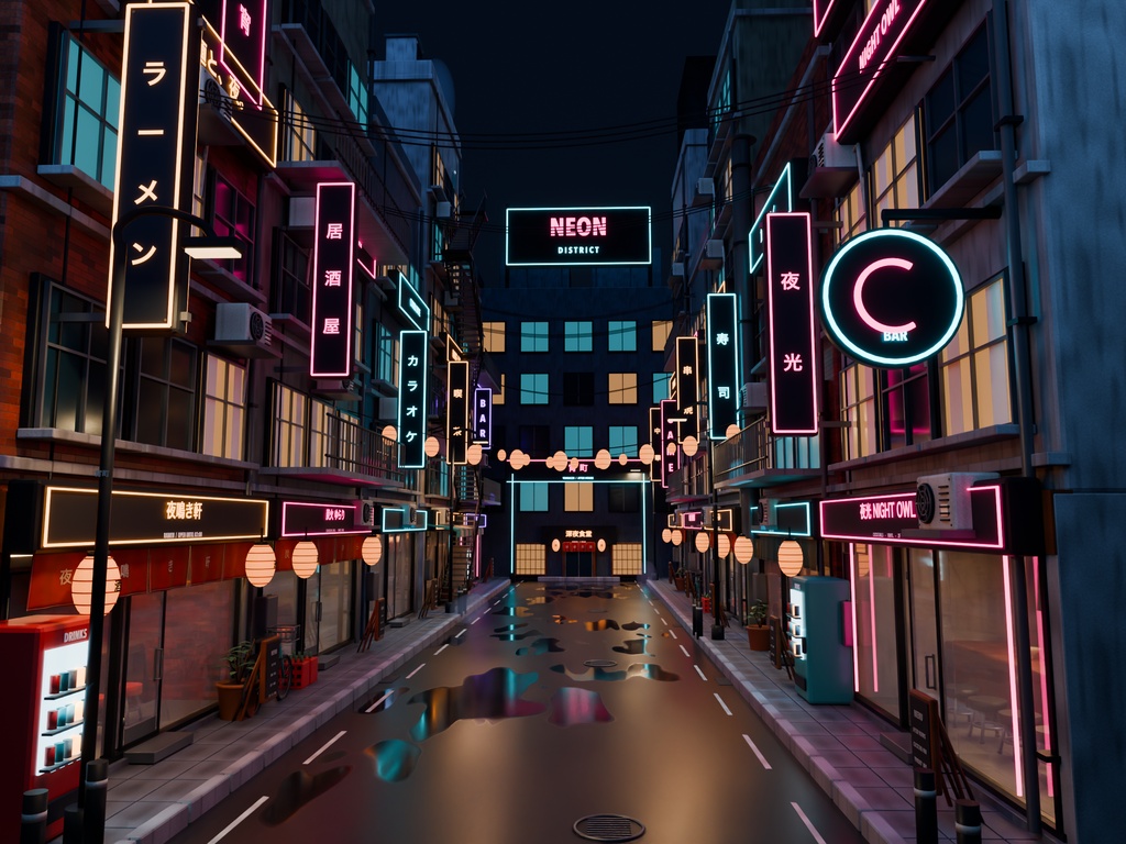 【箱庭コレクション #033 / Blender・GLB】夜の繁華街・宵町｜Neon District