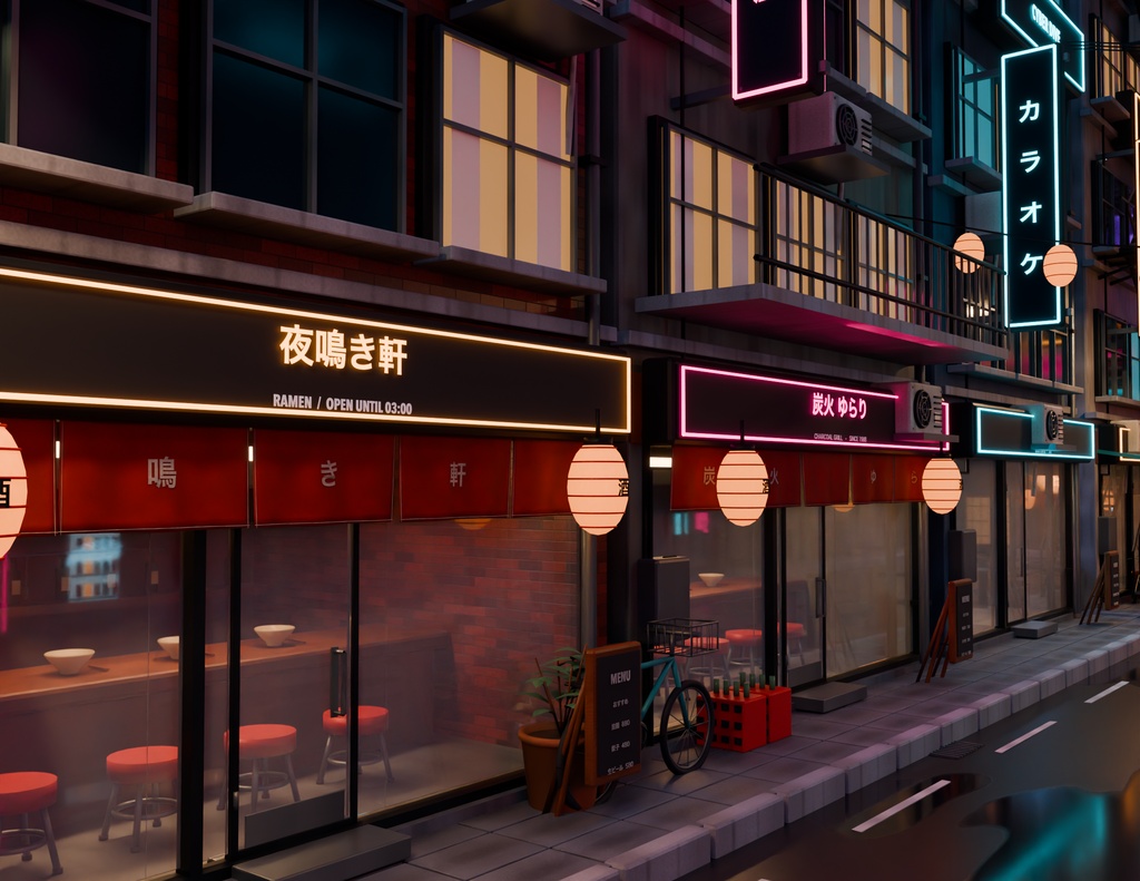 【箱庭コレクション #033 / Blender・GLB】夜の繁華街・宵町|Neon District