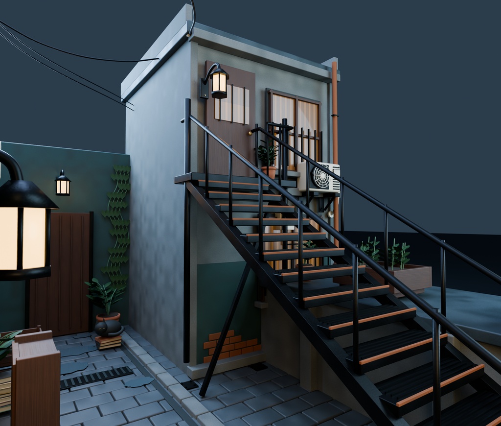 【箱庭コレクション #034 / Blender・GLB】古書店と路地・月影堂|Old Book Alley