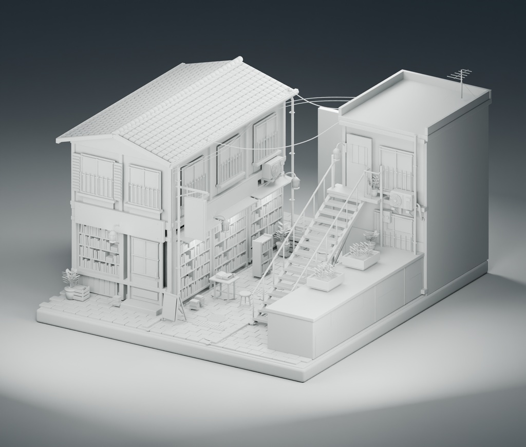【箱庭コレクション #034 / Blender・GLB】古書店と路地・月影堂|Old Book Alley