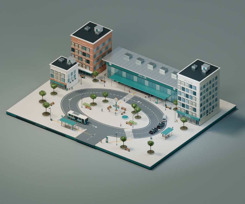 【箱庭コレクション #037 / Blender・GLB】駅前ロータリー｜Station Plaza