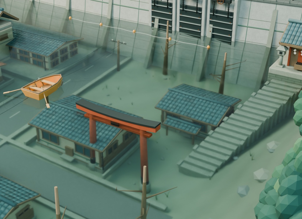 【箱庭コレクション #039 / Blender・GLB】ダム湖に沈む町|The Town Beneath