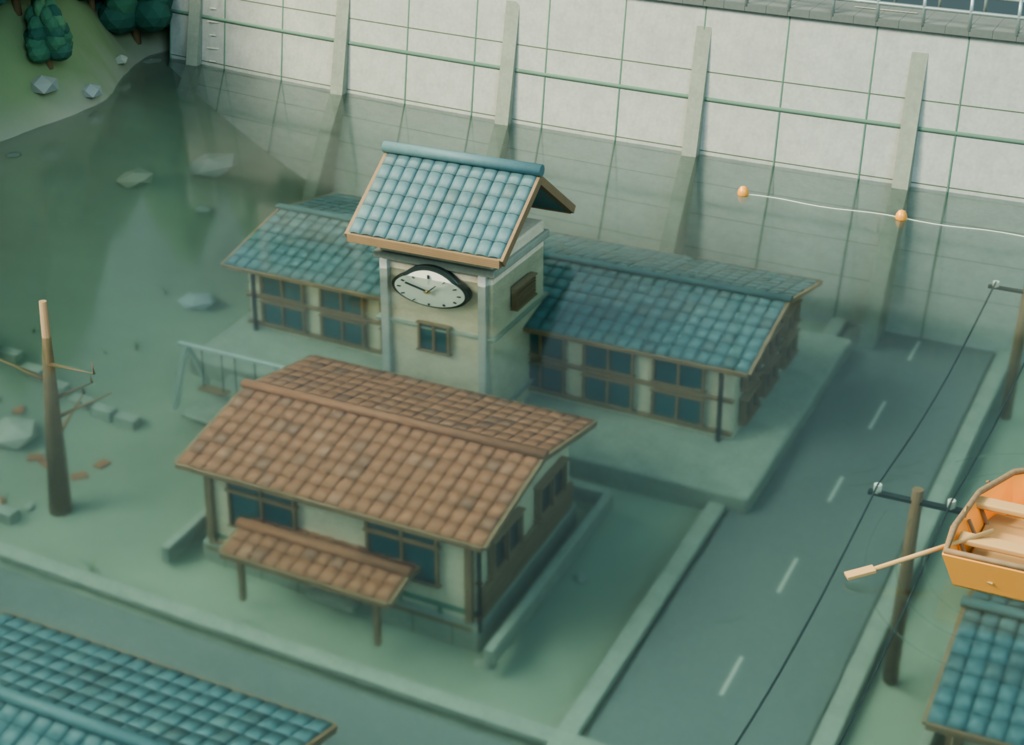 【箱庭コレクション #039 / Blender・GLB】ダム湖に沈む町|The Town Beneath