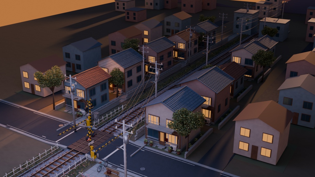 【箱庭コレクション #040 / Blender・GLB】夕暮れの踏切|Sunset Crossing