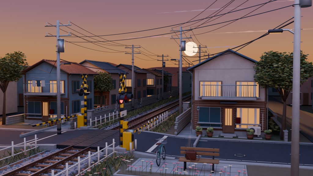 【箱庭コレクション #040 / Blender・GLB】夕暮れの踏切｜Sunset Crossing