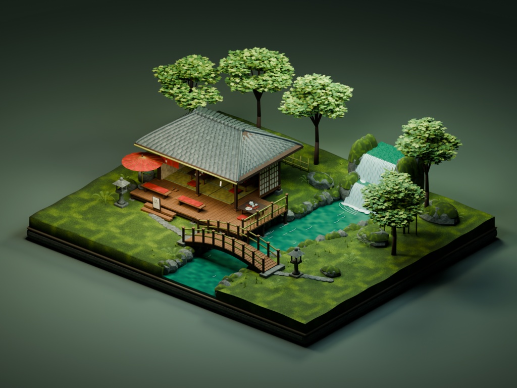 【箱庭コレクション #046 / Blender・FBX・GLB】渓流の茶屋｜Riverside Teahouse