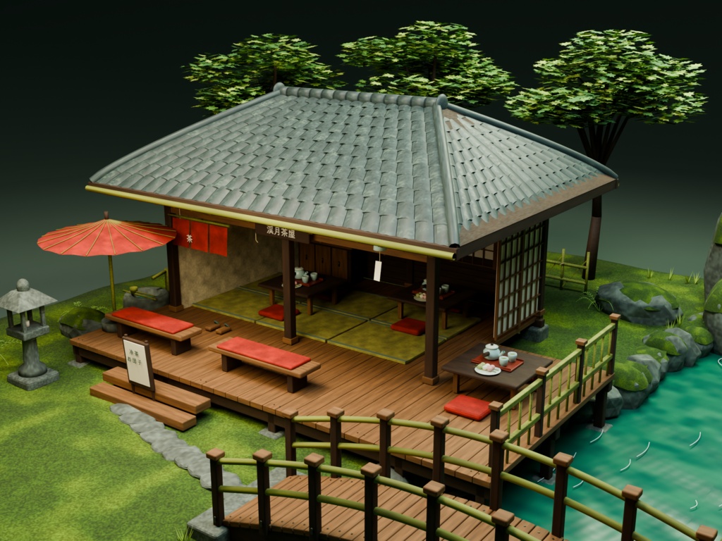 【箱庭コレクション #046 / Blender・FBX・GLB】渓流の茶屋|Riverside Teahouse