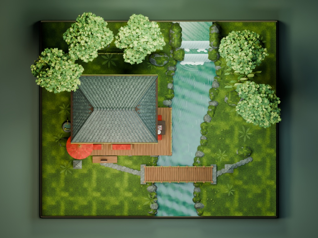 【箱庭コレクション #046 / Blender・FBX・GLB】渓流の茶屋|Riverside Teahouse