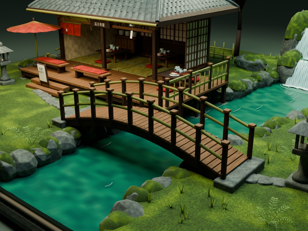 【箱庭コレクション #046 / Blender・FBX・GLB】渓流の茶屋|Riverside Teahouse
