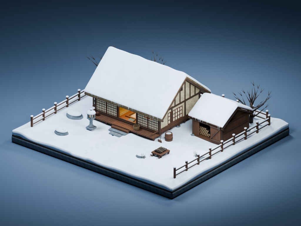 【箱庭コレクション #050 / Blender・FBX・GLB】雪の古民家｜Snow Country House