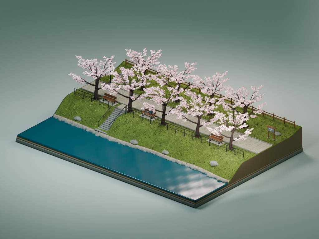 【箱庭コレクション #051 / Blender・FBX・GLB】桜の堤｜Sakura Riverside