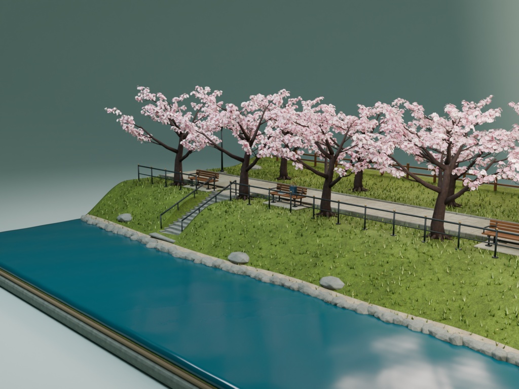 【箱庭コレクション #051 / Blender・FBX・GLB】桜の堤|Sakura Riverside