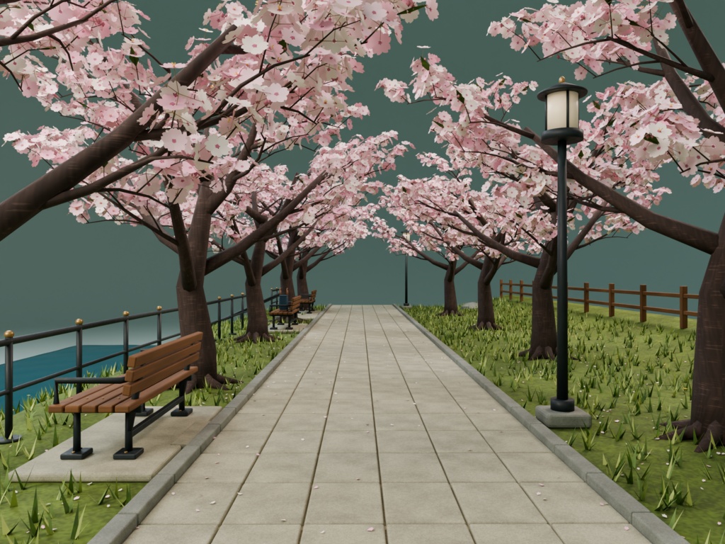 【箱庭コレクション #051 / Blender・FBX・GLB】桜の堤|Sakura Riverside