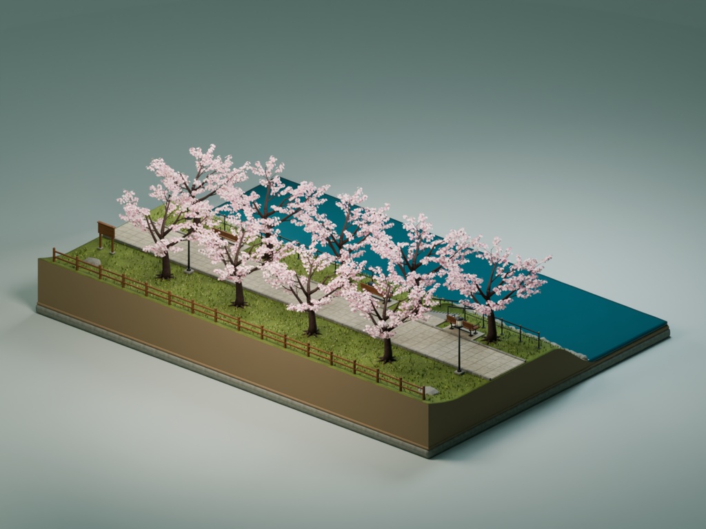 【箱庭コレクション #051 / Blender・FBX・GLB】桜の堤|Sakura Riverside