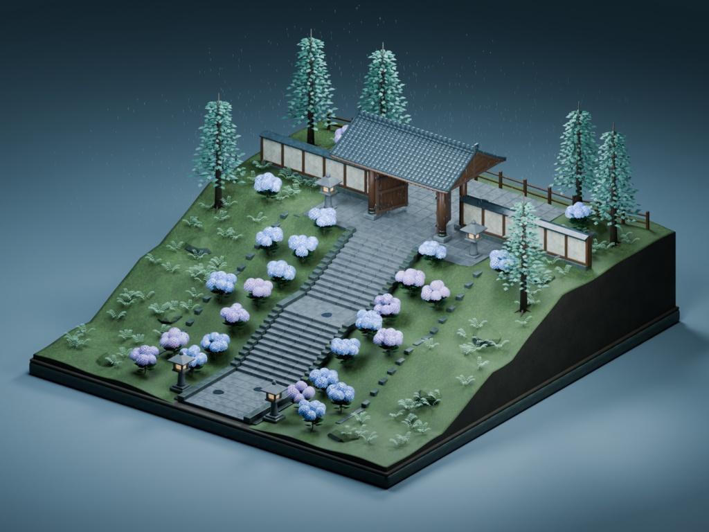 【箱庭コレクション #052 / Blender・FBX・GLB】梅雨の紫陽花寺｜Hydrangea Temple