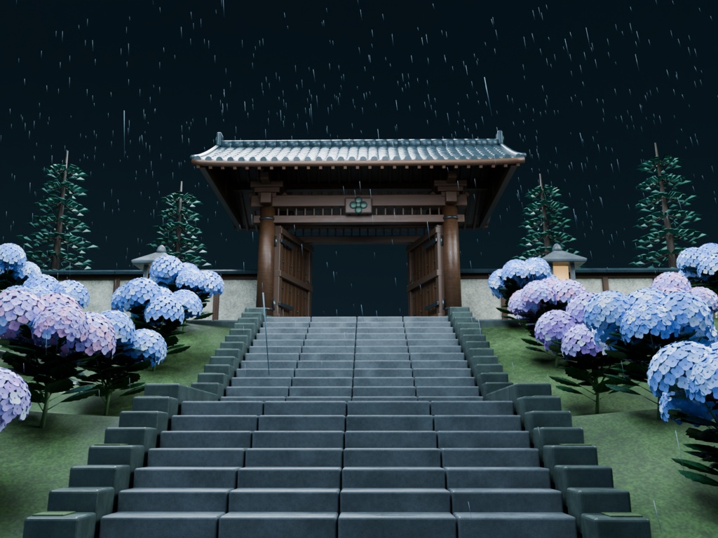 【箱庭コレクション #052 / Blender・FBX・GLB】梅雨の紫陽花寺|Hydrangea Temple