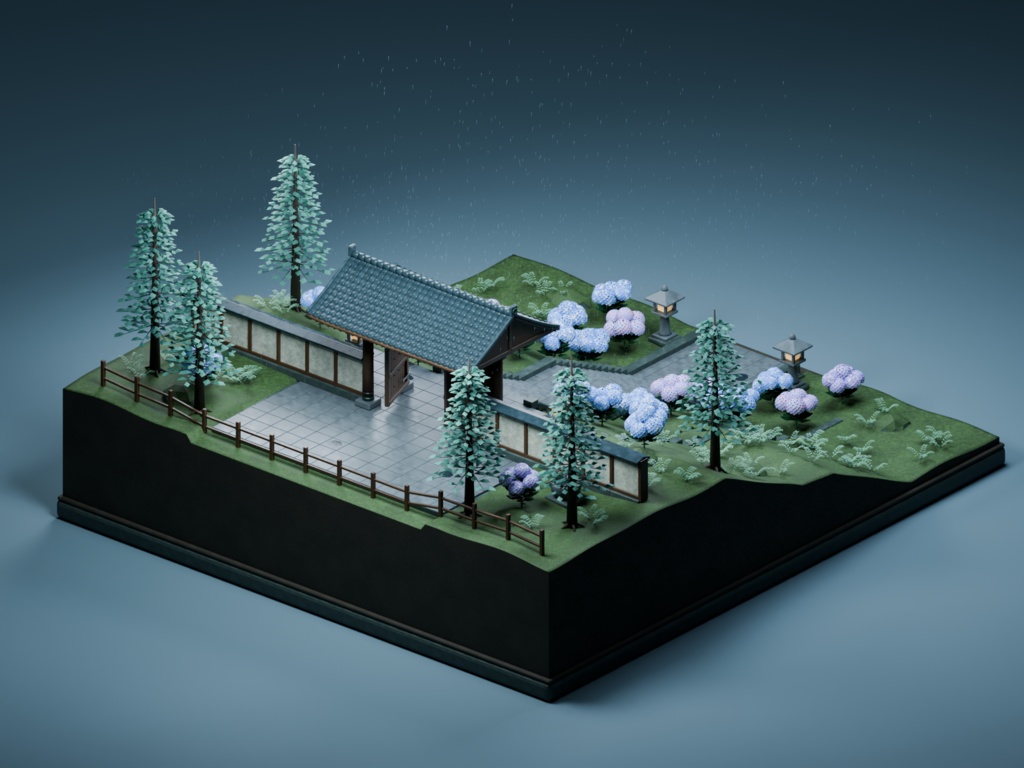 【箱庭コレクション #052 / Blender・FBX・GLB】梅雨の紫陽花寺|Hydrangea Temple