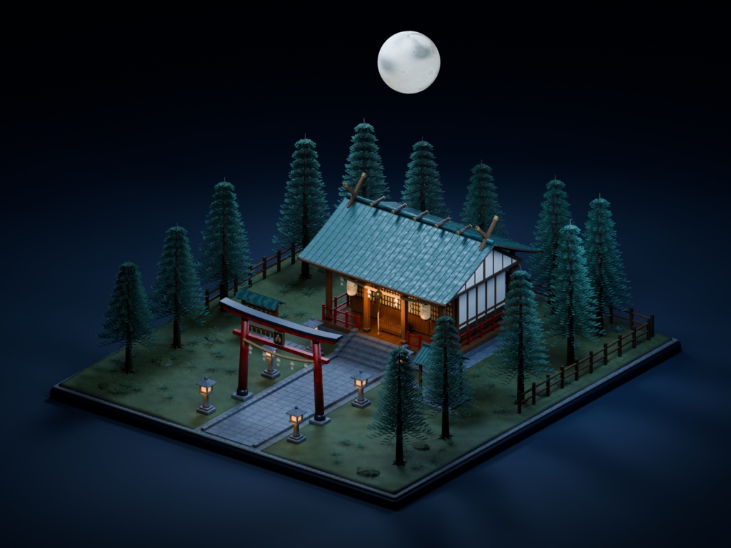 【箱庭コレクション #053 / Blender・FBX・GLB】月夜の神社｜Moonlit Shrine