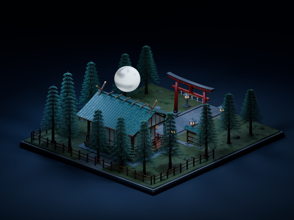 【箱庭コレクション #053 / Blender・FBX・GLB】月夜の神社|Moonlit Shrine