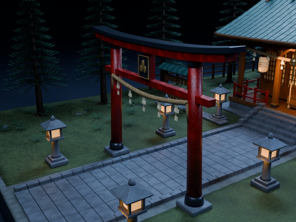 【箱庭コレクション #053 / Blender・FBX・GLB】月夜の神社|Moonlit Shrine