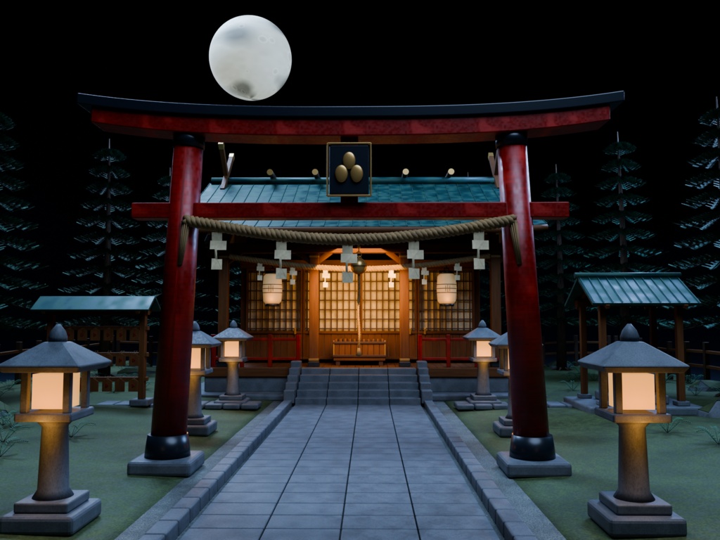 【箱庭コレクション #053 / Blender・FBX・GLB】月夜の神社|Moonlit Shrine