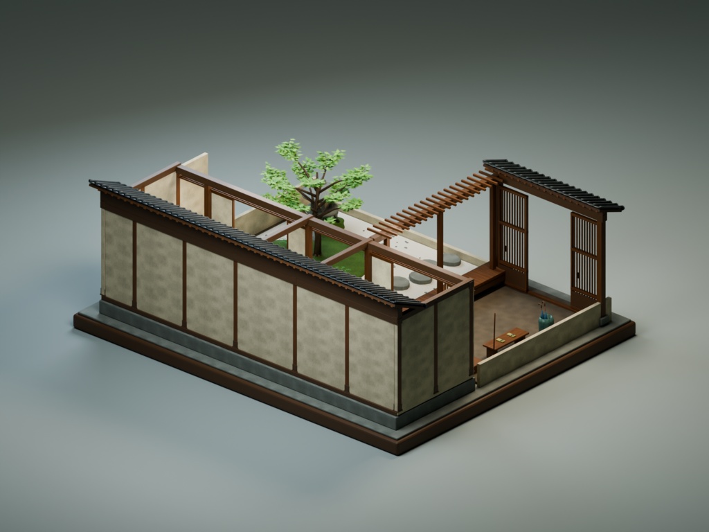 【箱庭コレクション #054 / Blender・FBX・GLB】町家の中庭|Machiya Courtyard