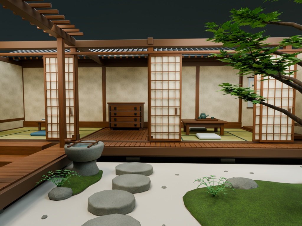 【箱庭コレクション #054 / Blender・FBX・GLB】町家の中庭|Machiya Courtyard