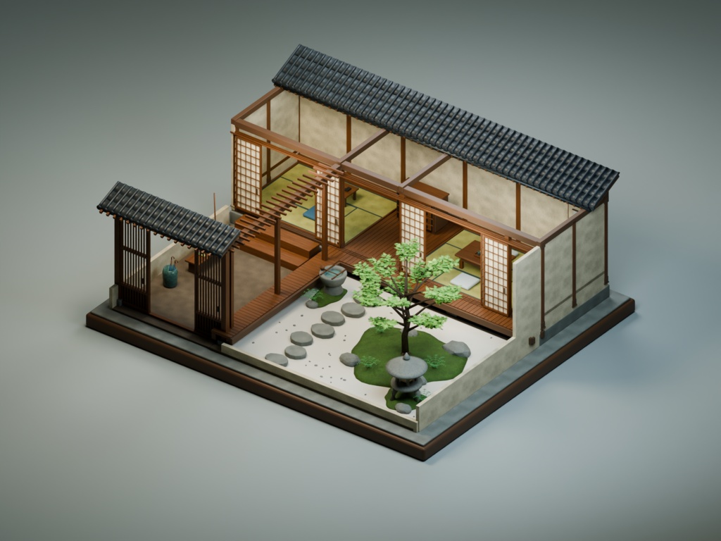 【箱庭コレクション #054 / Blender・FBX・GLB】町家の中庭｜Machiya Courtyard