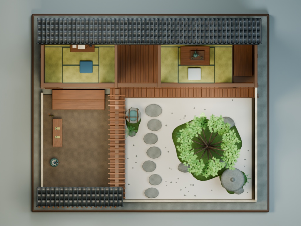 【箱庭コレクション #054 / Blender・FBX・GLB】町家の中庭|Machiya Courtyard