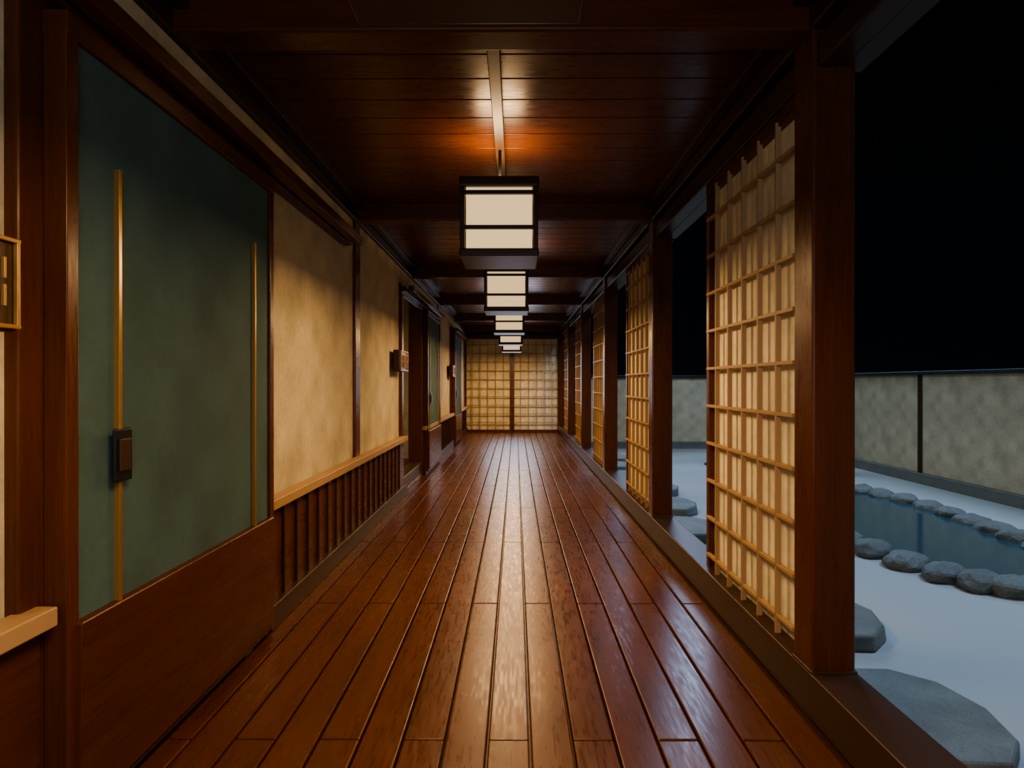【箱庭コレクション #055 / Blender・FBX・GLB】老舗旅館の廊下｜Ryokan Corridor