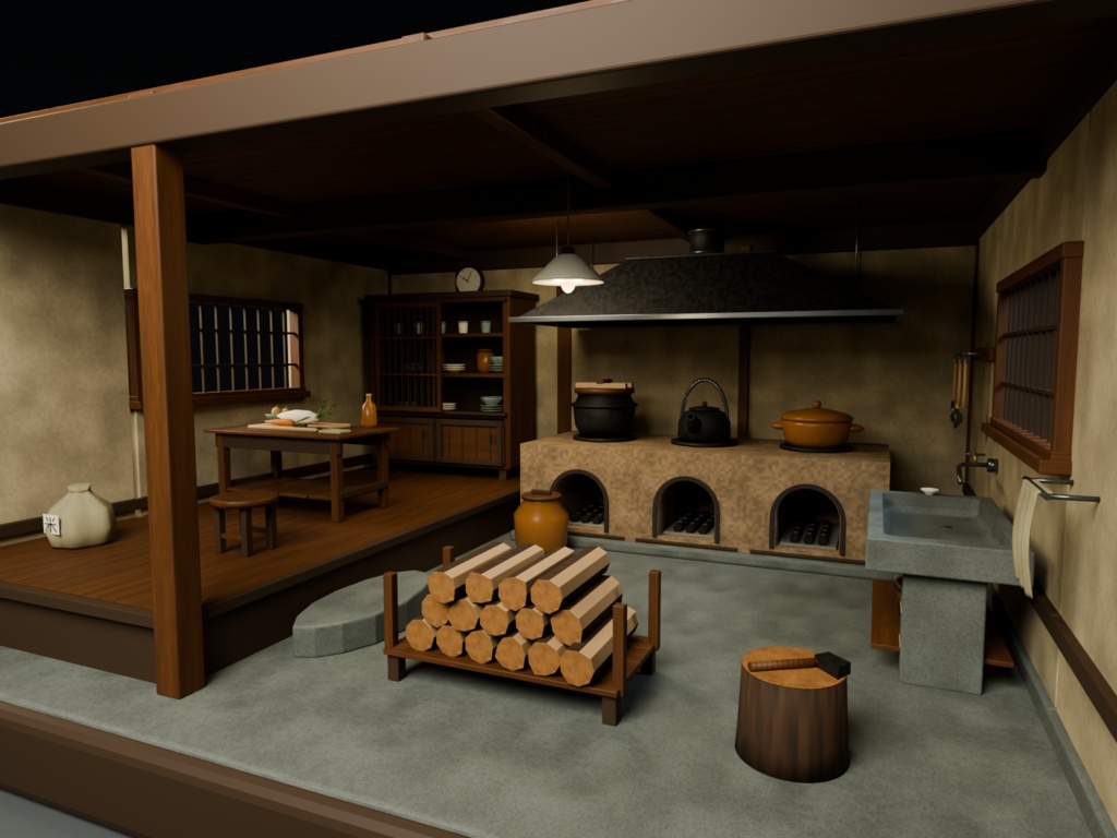 【箱庭コレクション #057 / Blender・FBX・GLB】古民家の台所｜Old Kitchen