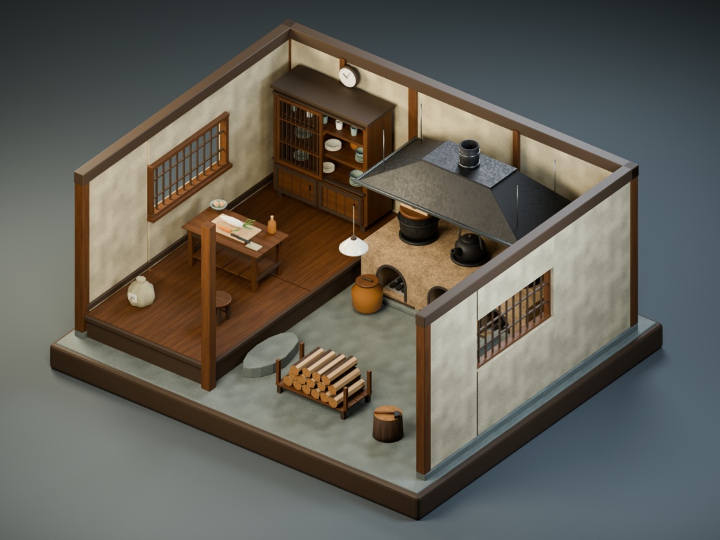 【箱庭コレクション #057 / Blender・FBX・GLB】古民家の台所|Old Kitchen