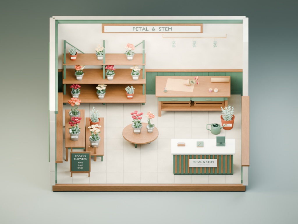 【箱庭コレクション #062 / Blender・FBX・GLB】花屋の午後|Flower Shop