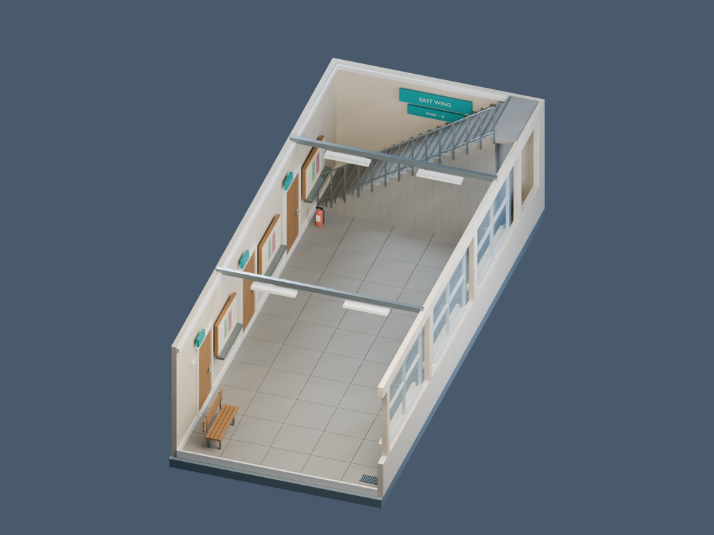 【3D背景】066 学校の廊下 / School Corridor【FBX・GLB・BLEND】