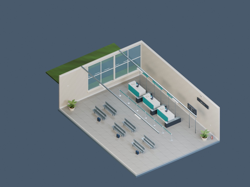 【3D背景】079 地方空港ロビー / Regional Airport【FBX・GLB・BLEND】